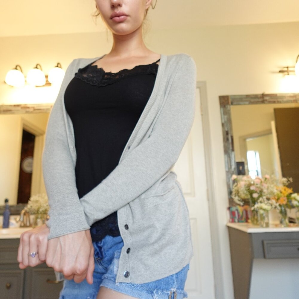 Banana Republic 52% Silk Deep V-Neck Button-Up Cardigan- Women's Light Grey